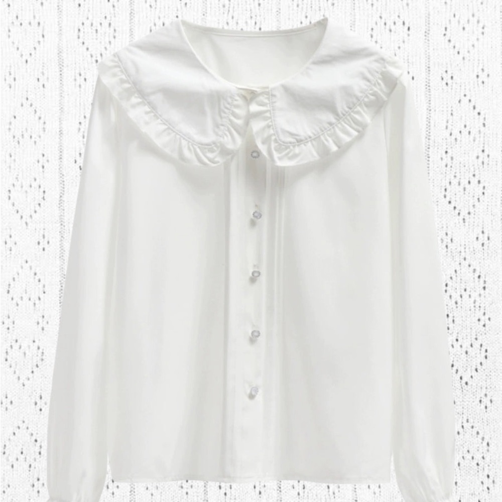Classic White Ruffle Collar Button-Down Lolita Long Sleeve Blouse Sz L/XL